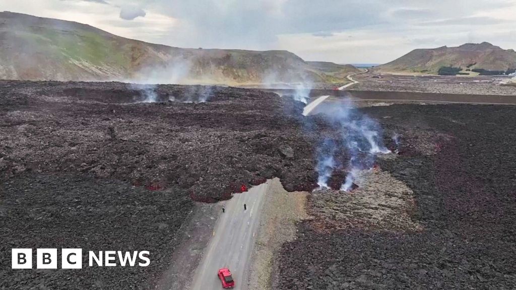 Lava engulfs road in Iceland